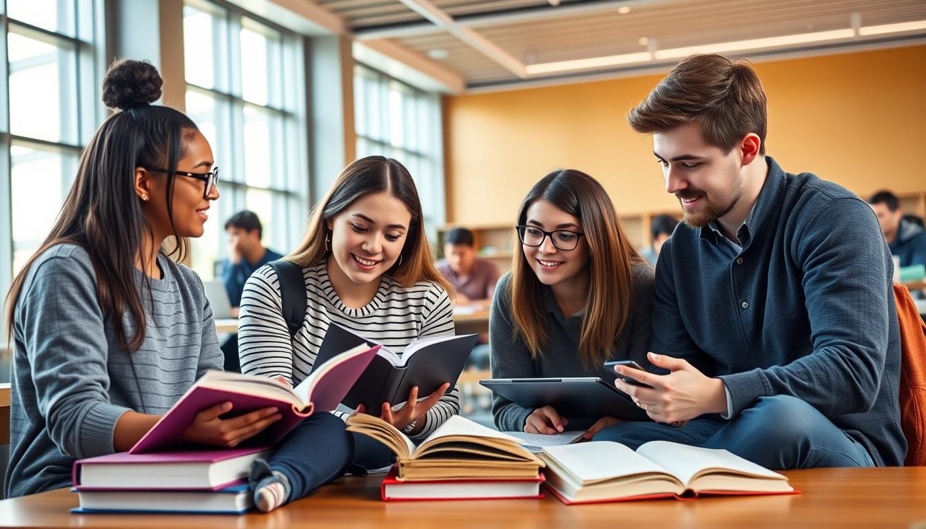 Students studying together in modern classroom